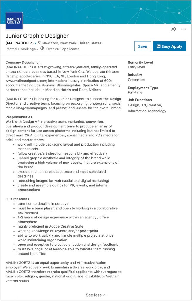 Example screen shot of a job listing for a Junior Graphic Designer